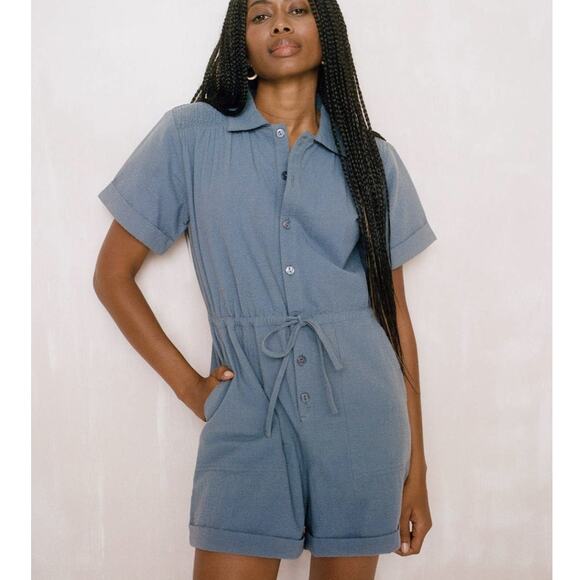New Christy Dawn Sylvia Tie-Waist Jumper Romper Blue Cotton Women's Size Large